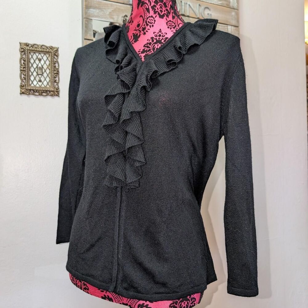 Sag harbor Black ruffle front sweater